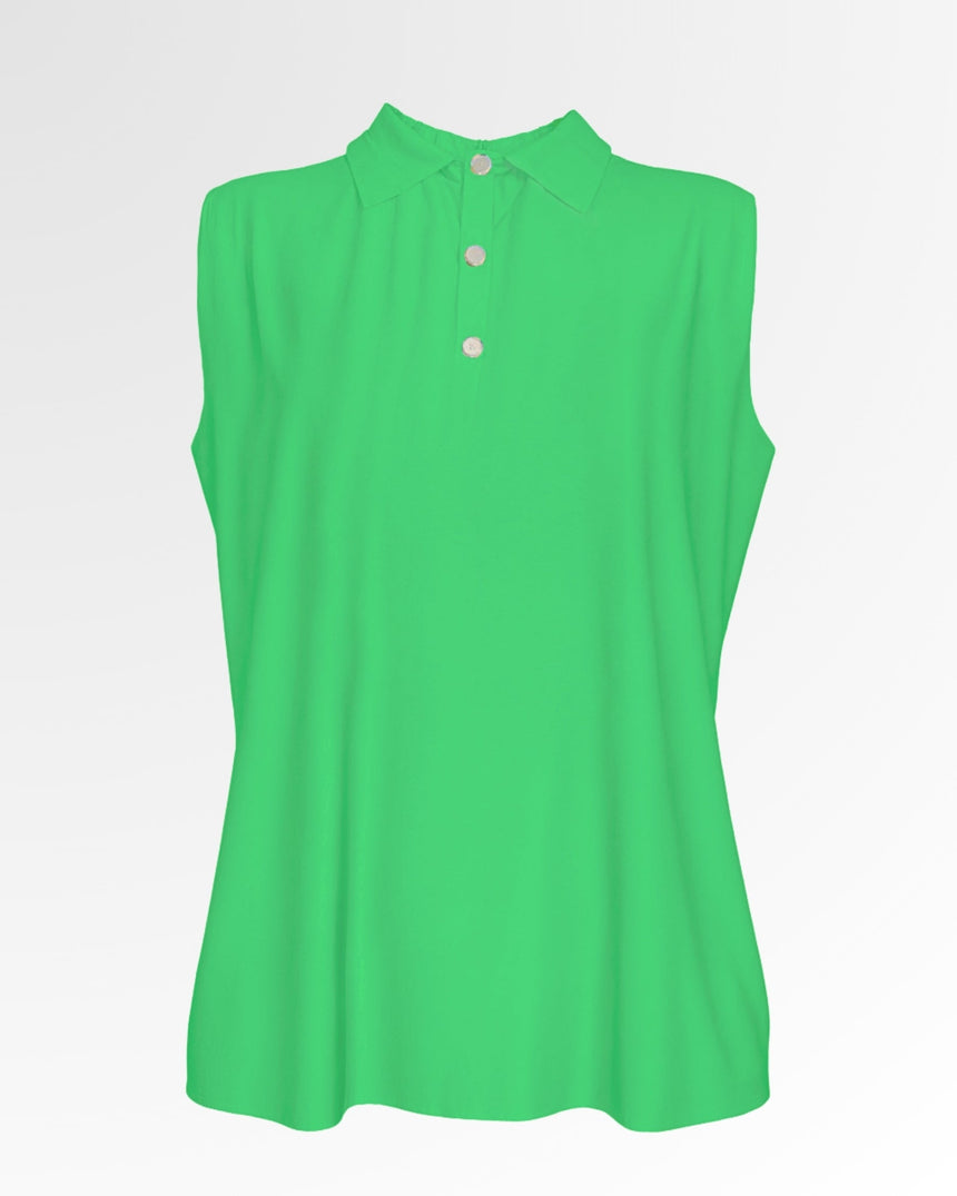 A sleeveless golf polo shirt in bright green, displayed on a mannequin against a white background.