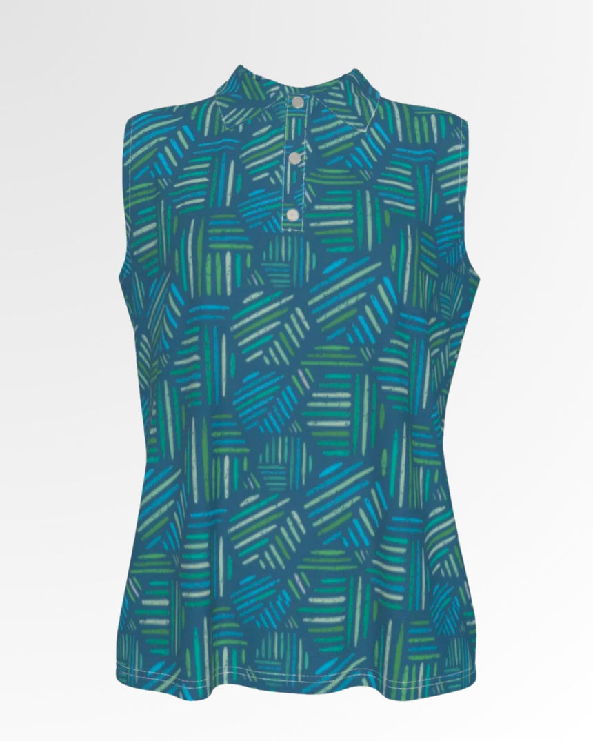 Sleeveless golf polo shirt in a blue, green, and white abstract pattern.