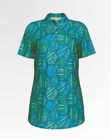 Golf polo shirt with a blue, green, and white geometric pattern.