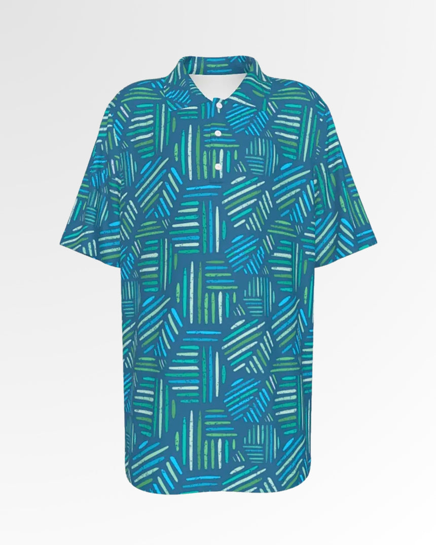 Golf polo shirt with a blue, green, and white abstract pattern.
