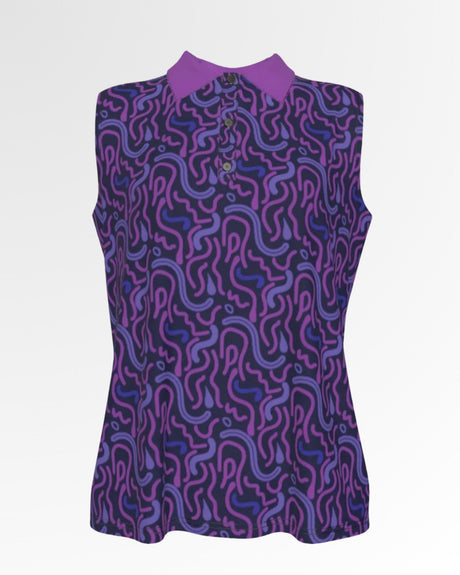 Sleeveless golf polo with a purple squiggle pattern and a solid purple collar.