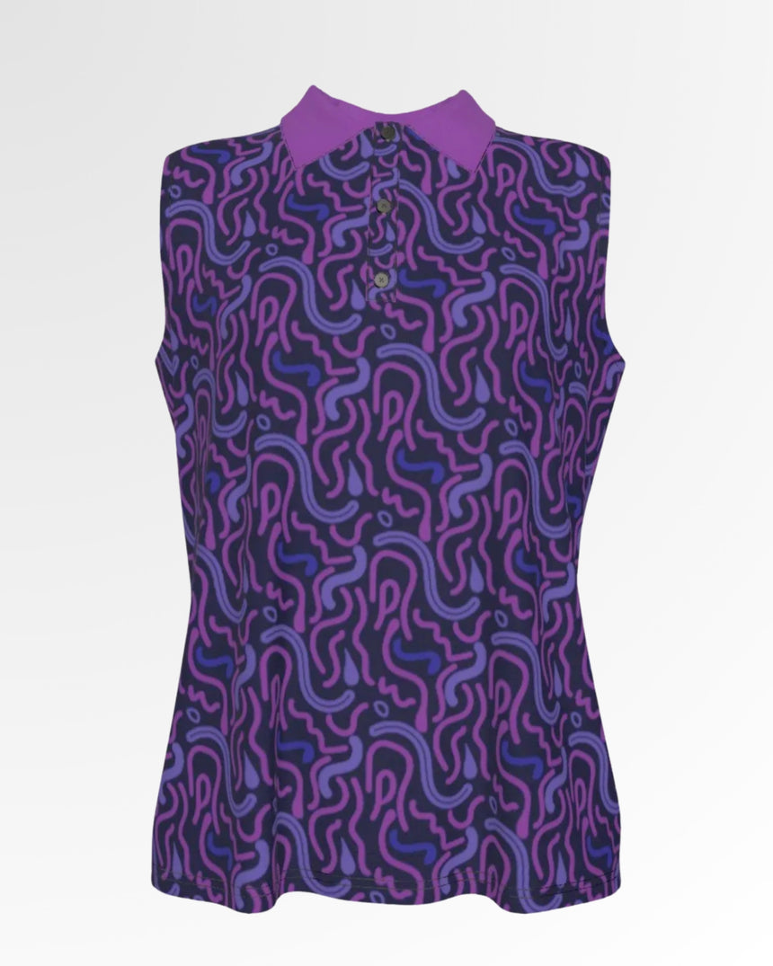 Sleeveless golf polo with a purple squiggle pattern and a solid purple collar.