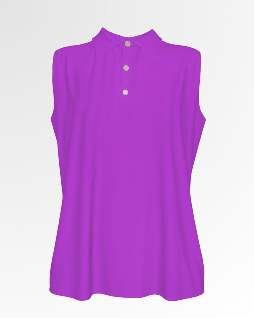 A sleeveless purple golf polo shirt with three buttons.