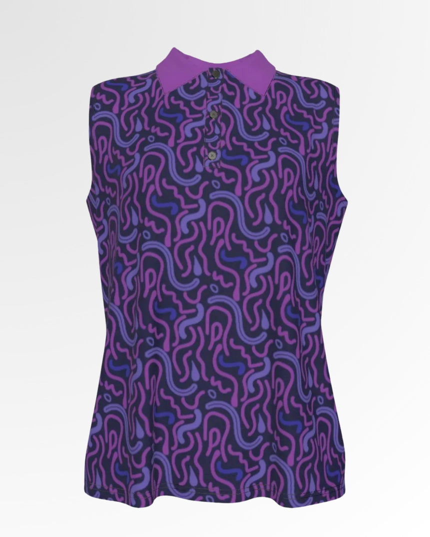 Sleeveless golf polo with a purple squiggle pattern and a solid purple collar.
