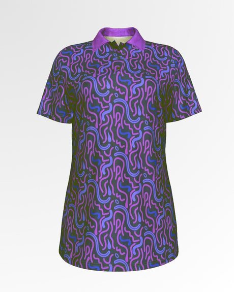 A golf polo with a purple collar and a black background with purple and blue squiggles.