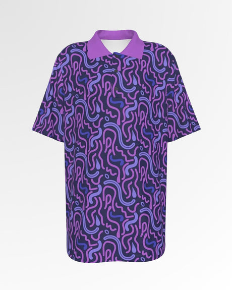 Golf polo shirt with a purple collar and an all-over abstract pattern in shades of purple and blue.