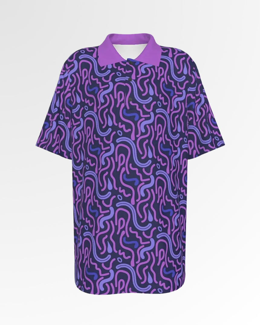 Golf polo shirt with a purple collar and an all-over abstract pattern in shades of purple and blue.