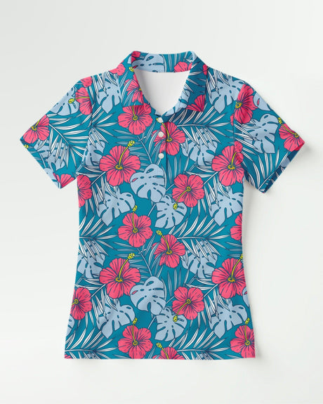 Short-sleeve polo shirt with tropical floral pattern on a white background