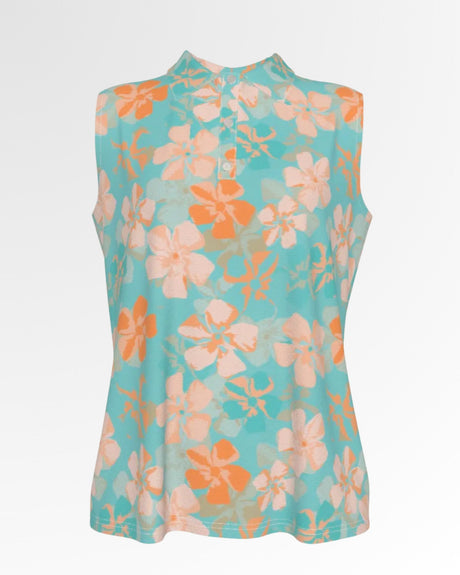 Sleeveless golf polo shirt with a floral pattern in shades of blue, orange, and peach.