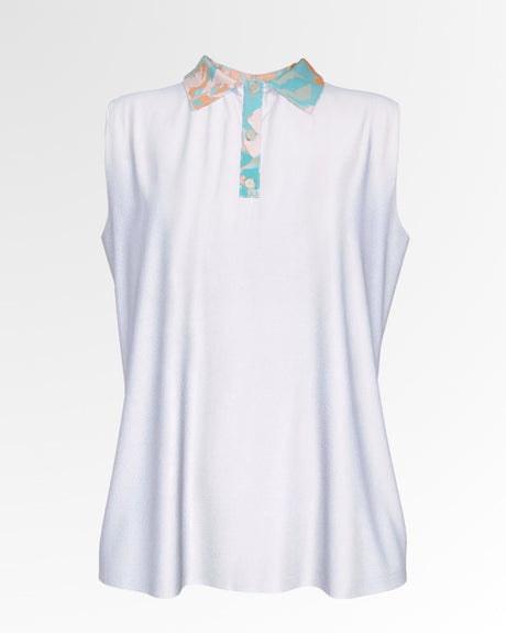 Sleeveless white golf polo with a floral pattern on the collar and button placket.