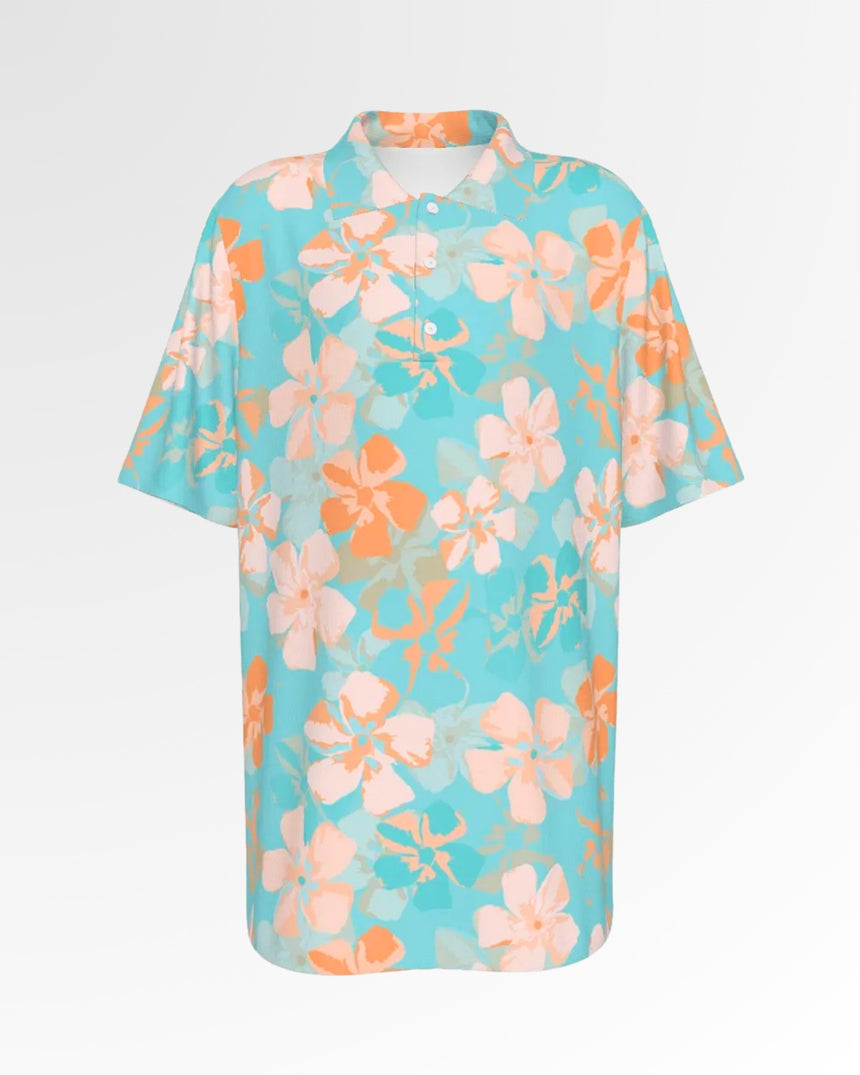 A floral golf polo shirt in light blue, peach, and orange.
