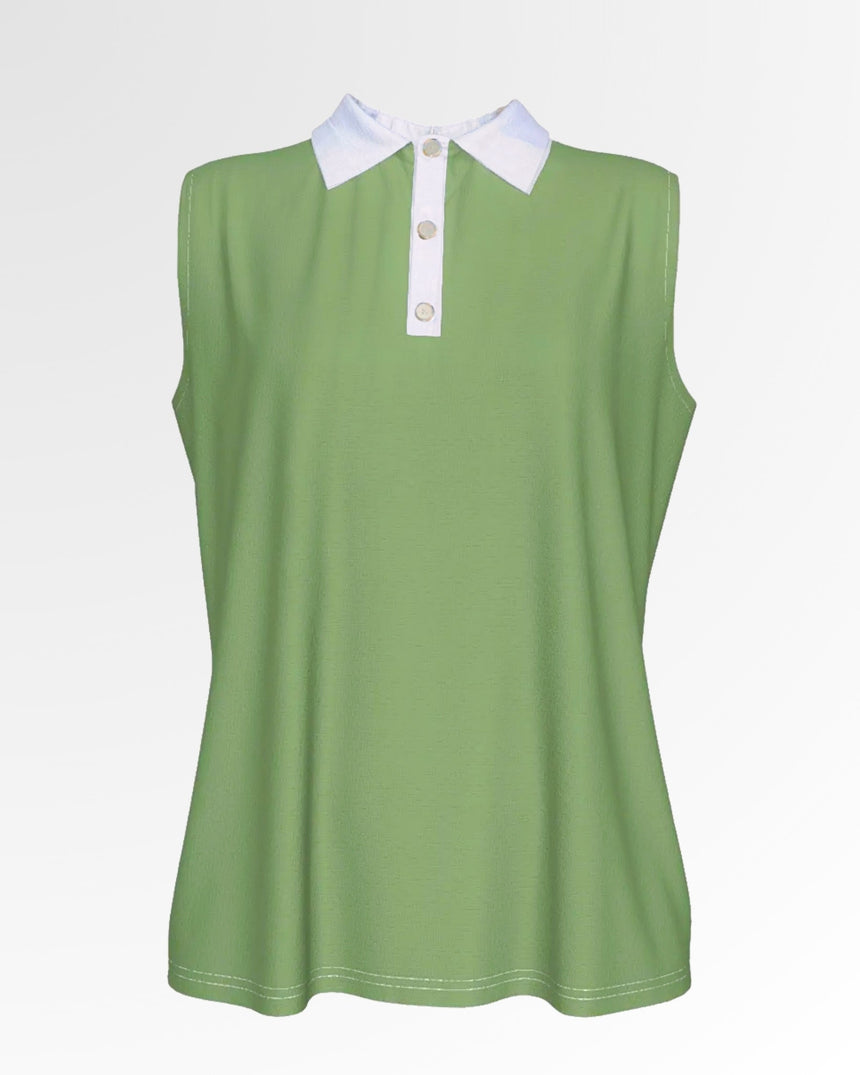 Sleeveless golf polo shirt in light green with a white collar and button placket.
