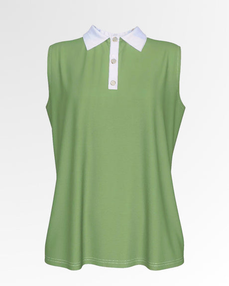 A sleeveless golf polo in light green with a white collar and three white buttons.