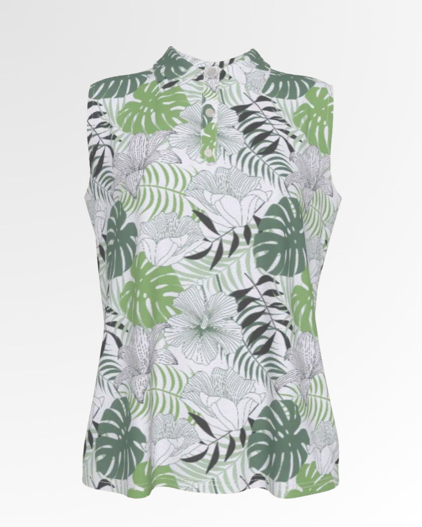 Sleeveless golf polo with a tropical leaf and flower pattern.