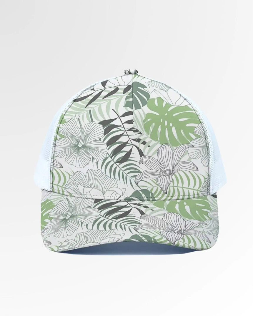 Golf wear brand hat with a tropical leaf pattern.