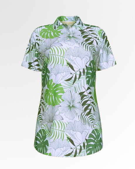 Golf polo shirt with a green and white tropical leaf pattern.