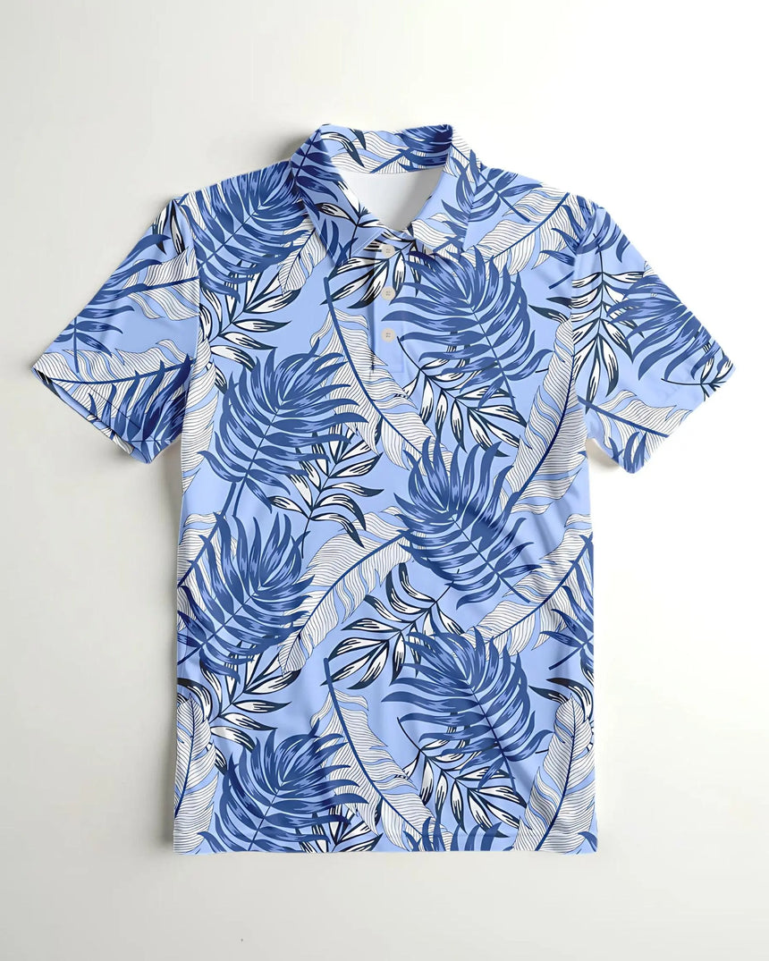 men's short sleeve golf polo in Blue Palms print - front view