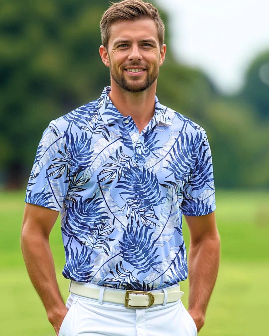 men's short sleeve golf polo in Blue Palms print - model wearing on course
