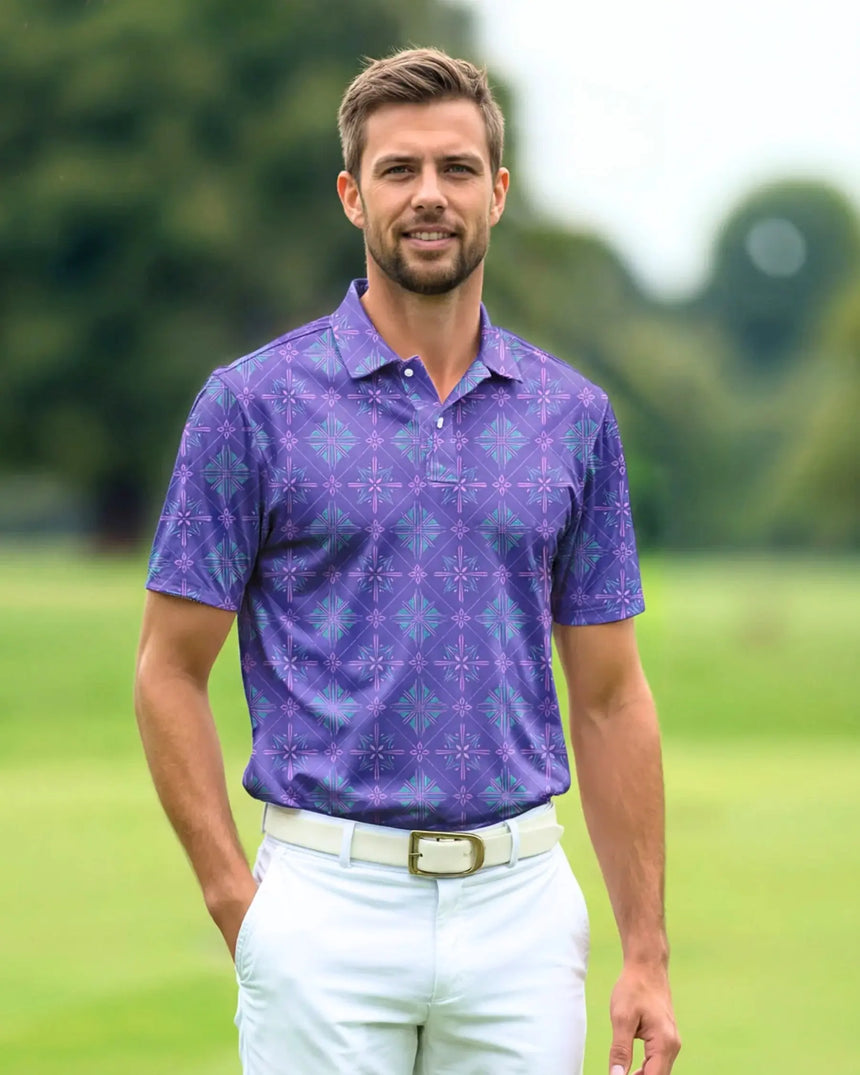 men's short sleeve golf polo in Foremation print - model wearing on course
