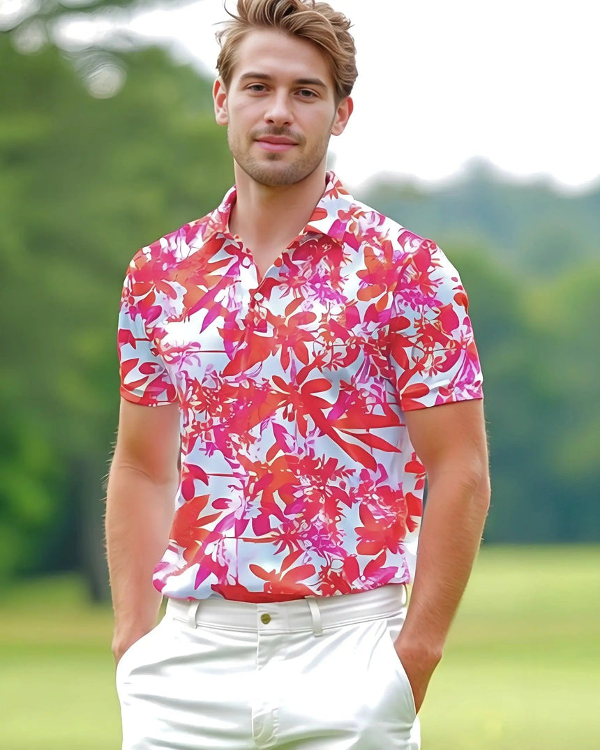 men's short sleeve golf polo in Hot Tropic print - model wearing on course
