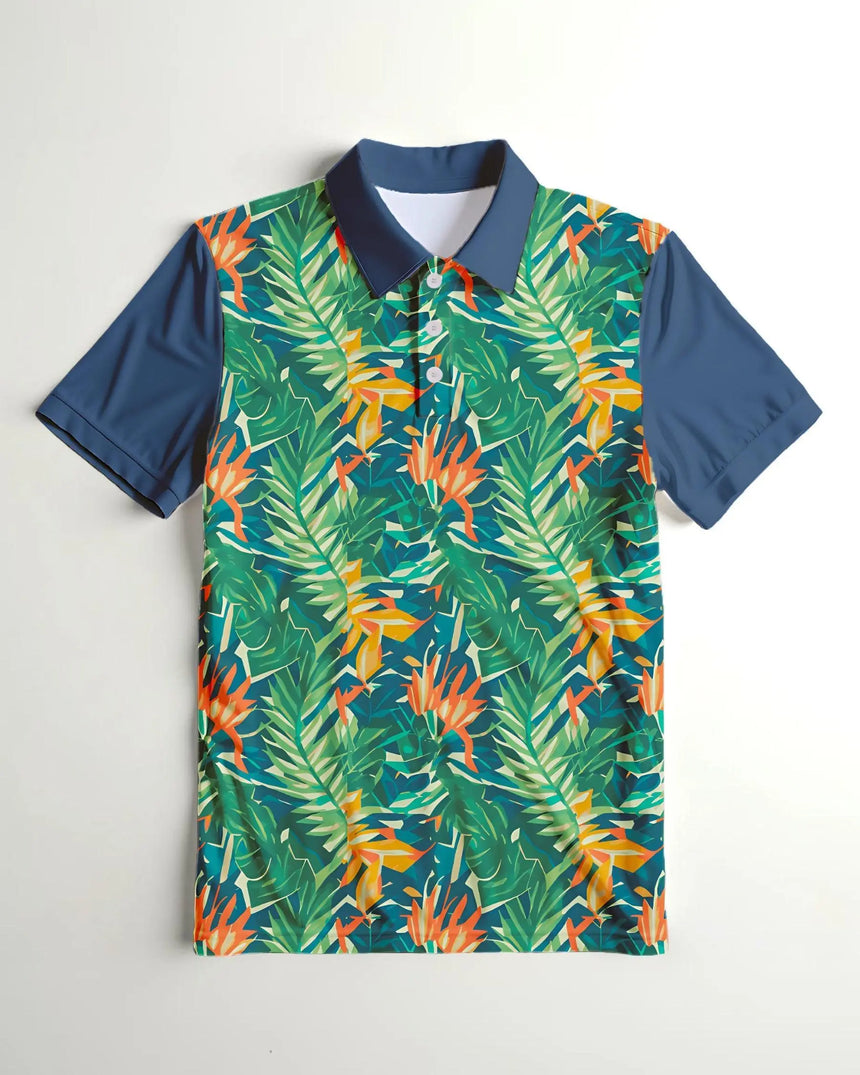 men's short sleeve golf polo in Island Approach print - front view