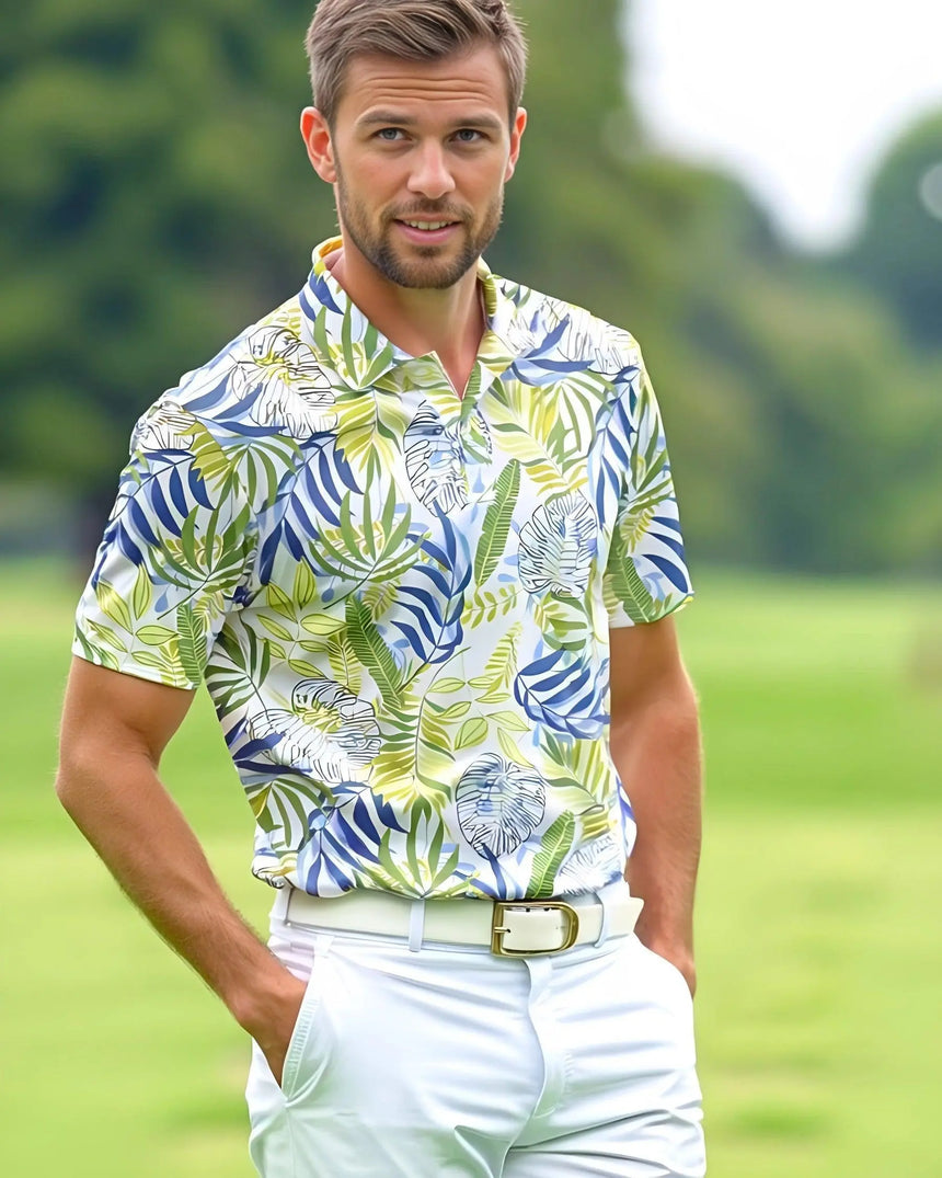 men's short sleeve golf polo in Jungle Swing print - model wearing on course
