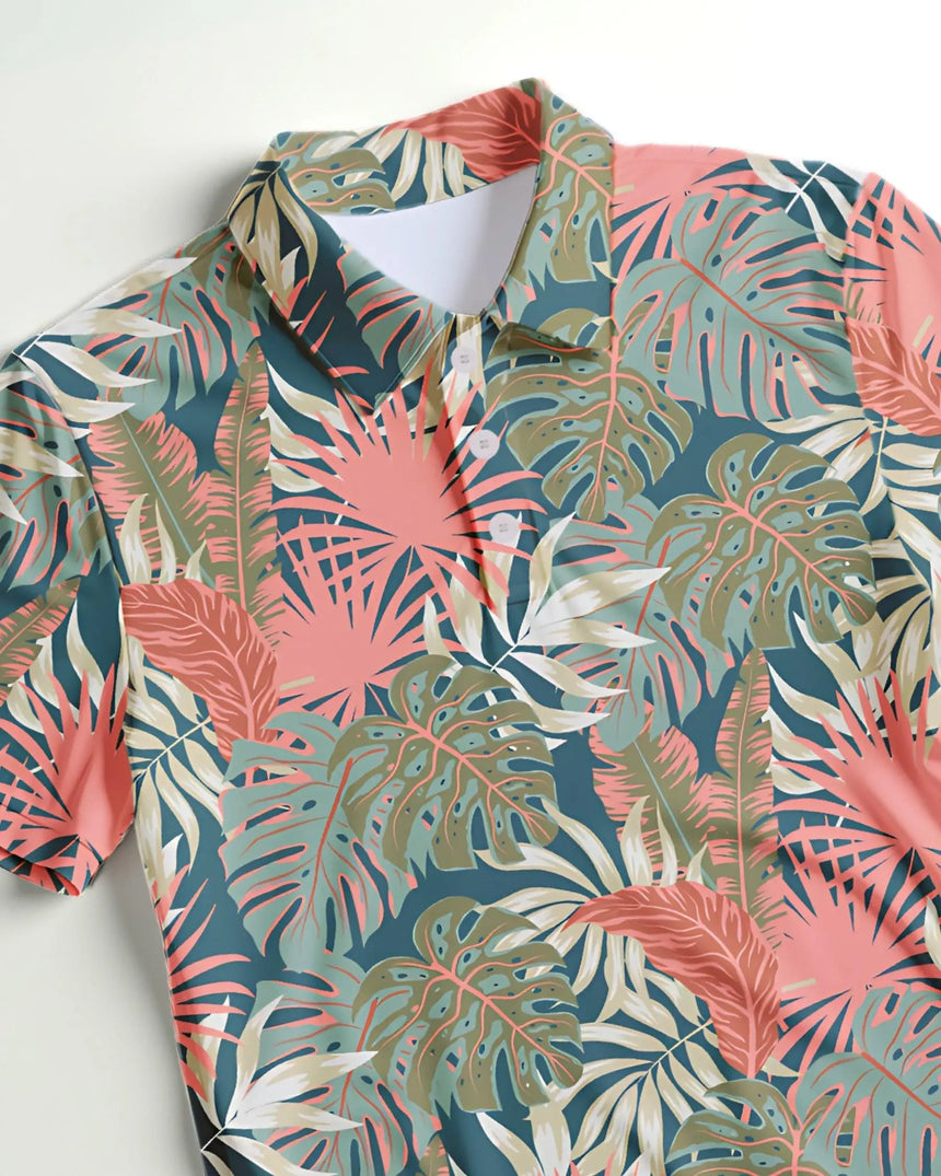 men's short sleeve golf polo in Palm Party print - fabric closeup front view