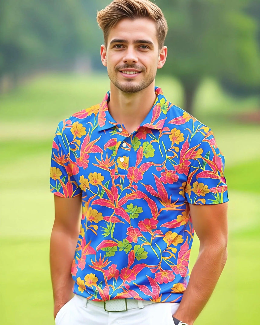 men's short sleeve golf polo in Paradise Found print - model wearing on course