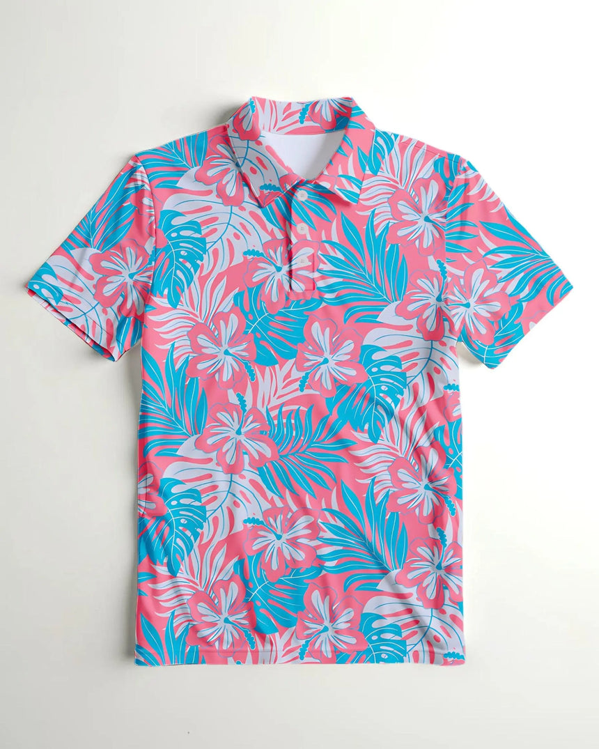 men's short sleeve golf polo in Pink Palms print - front view