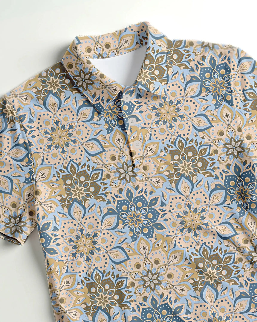 men's short sleeve golf polo in Retro Botanic print - fabric closeup front view