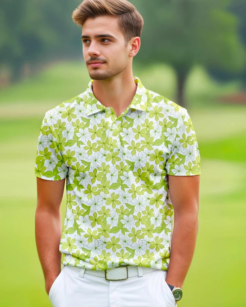 men's short sleeve golf polo in Spring Greens print - model wearing on course