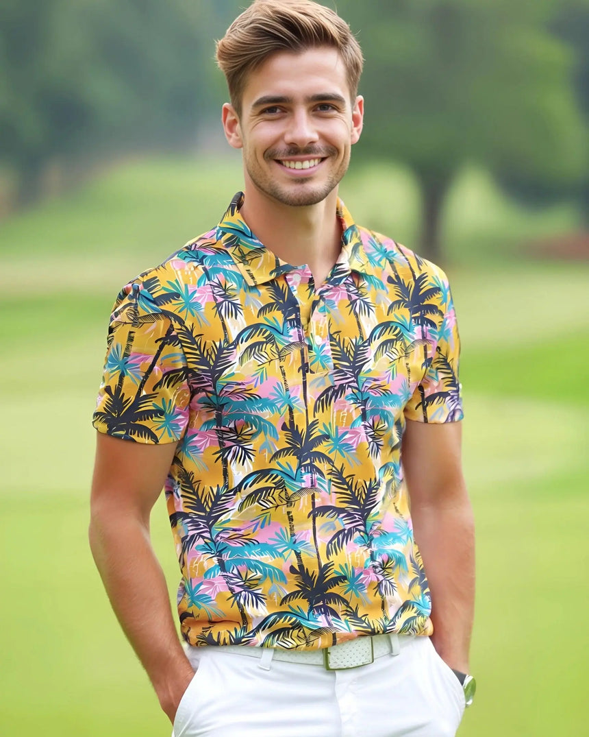 men's short sleeve golf polo in The Palms print - model wearing on course