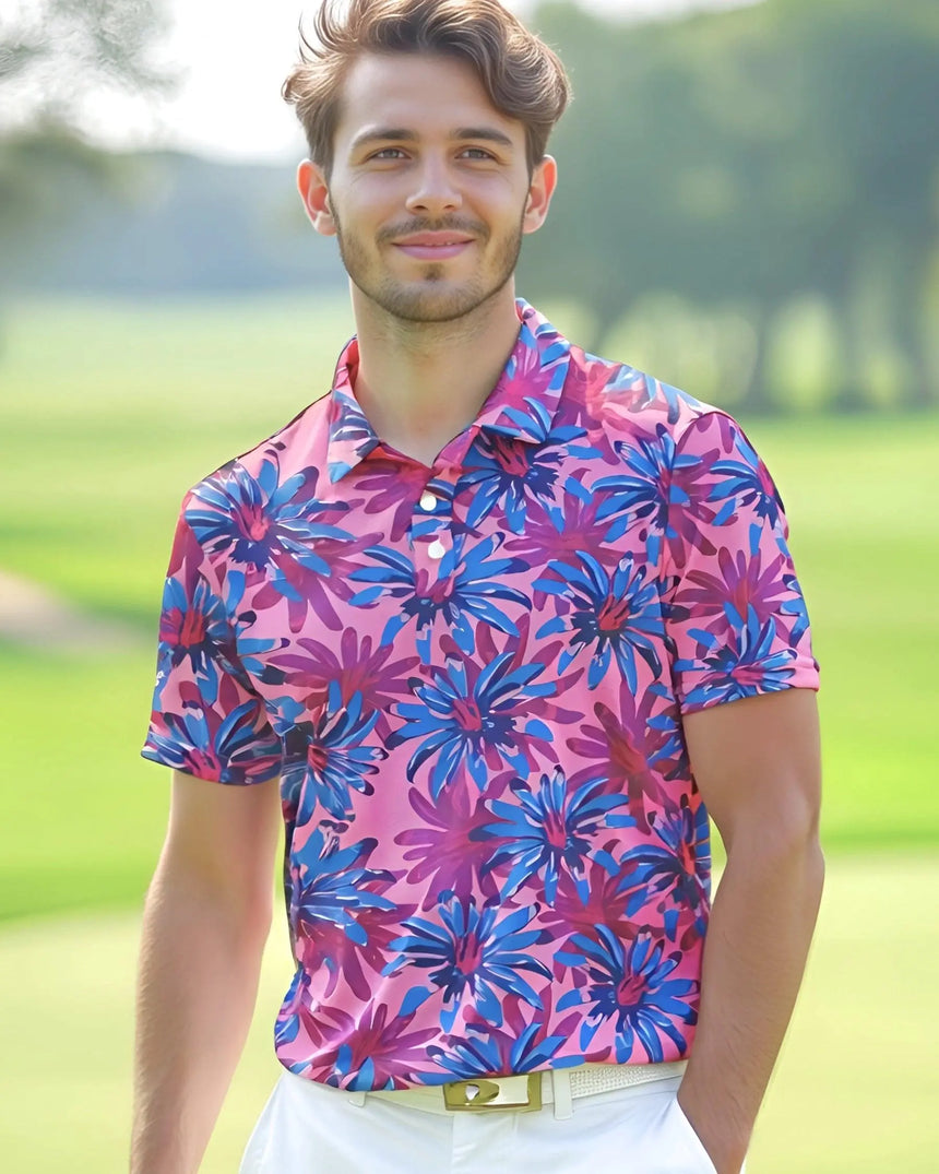 men's short sleeve golf polo in Tropical Bloomscape print - model wearing on course