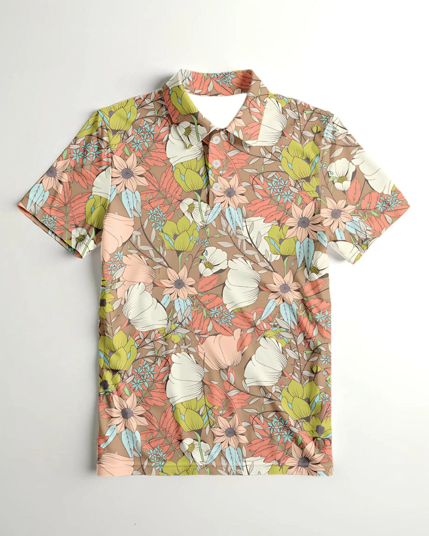 men's short sleeve golf polo in Vintage Garden print - front view