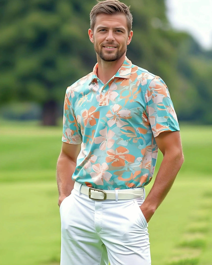men's short sleeve golf polo in Zen Flora print - model wearing on course