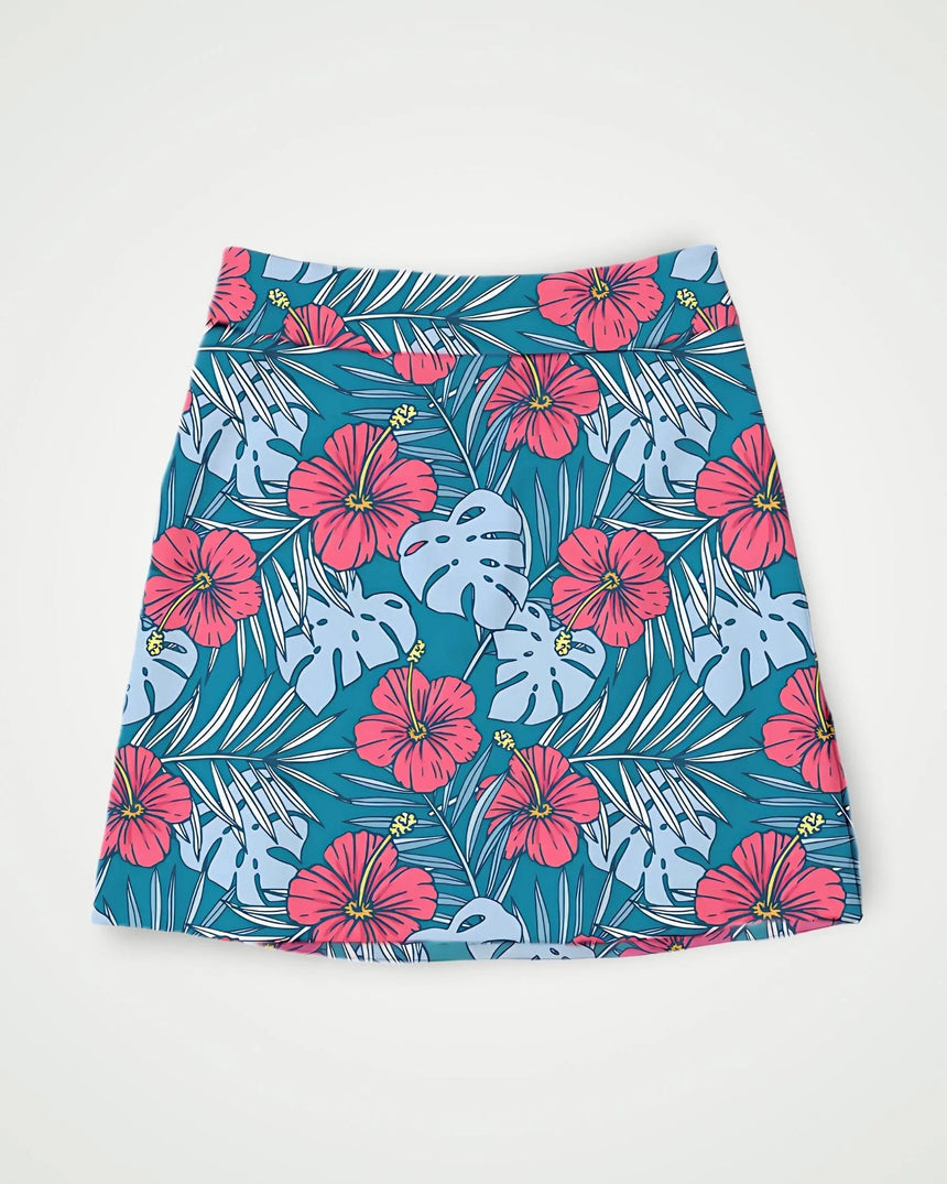 women's fitted golf skort with pockets in Aloha Bloom print - front view