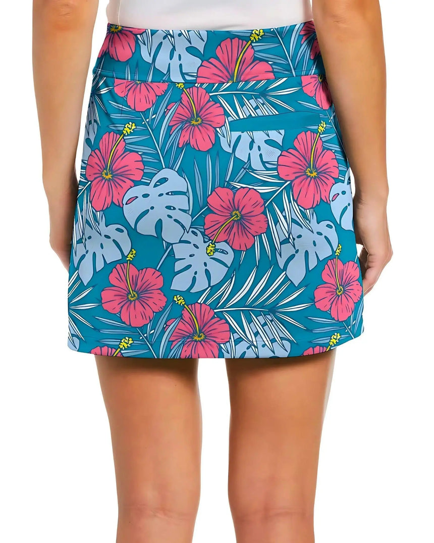 women's fitted golf skort with pockets in Aloha Bloom print - back view