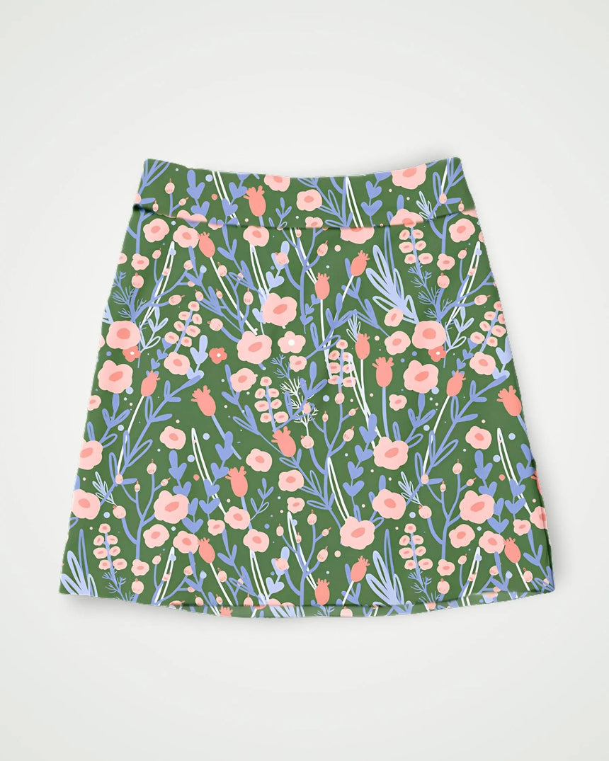 women's fitted golf skort with pockets in Back Nine Blossoms print - front view