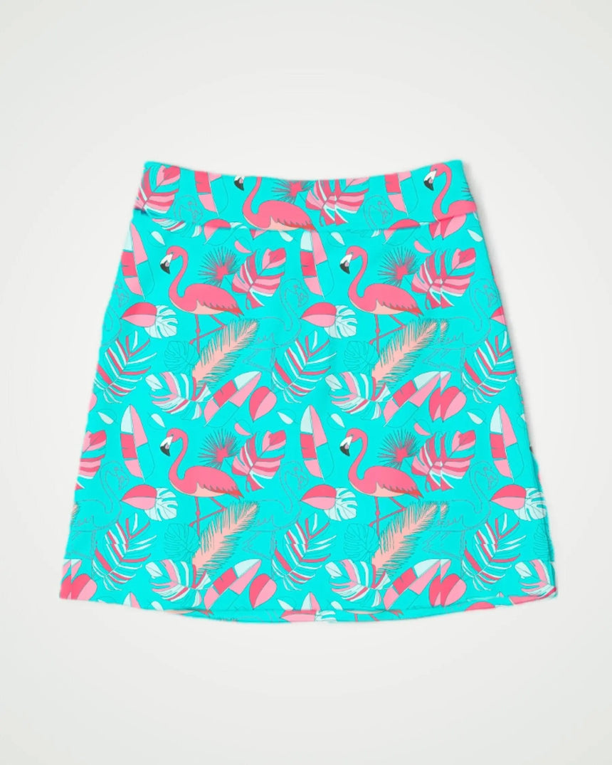 women's fitted golf skort with pockets in Fore the Flamingos print - front view
