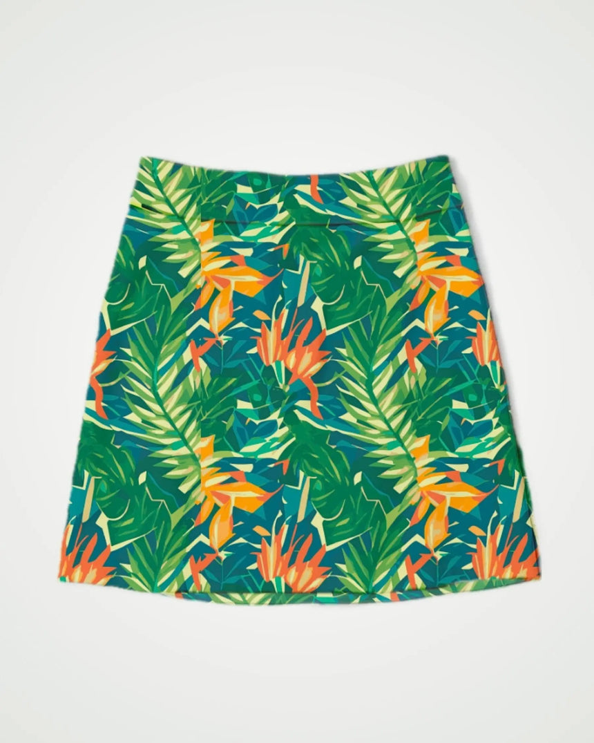 women's fitted golf skort with pockets in Island Approach print - front view