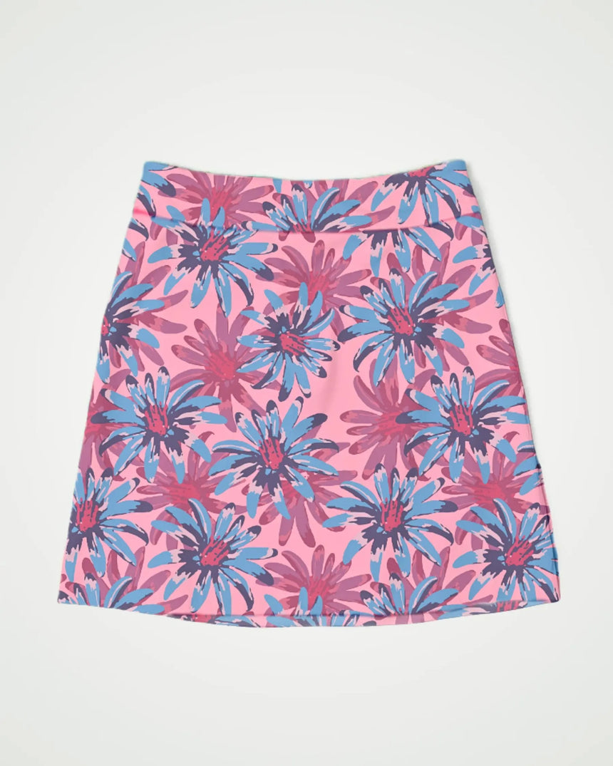 women's fitted golf skort with pockets in Tropical Bloomscape print - front view