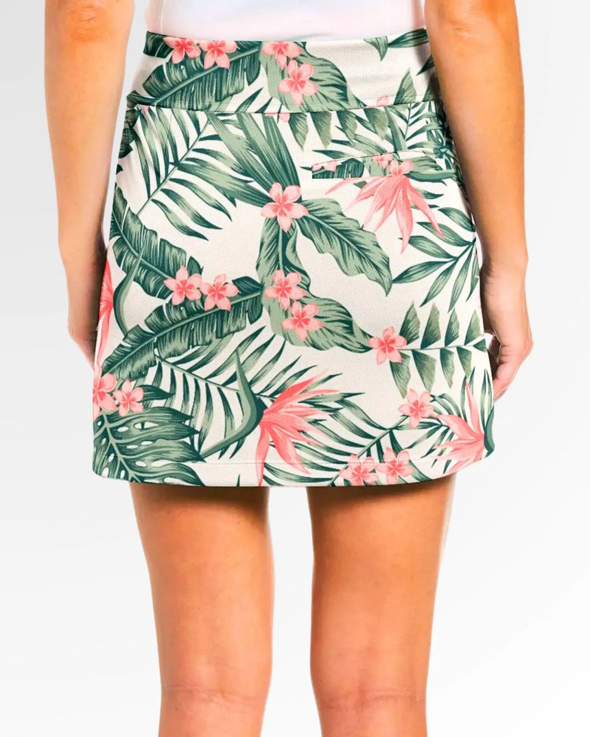 women's fitted golf skort with pockets in Tropical Fare print - back view