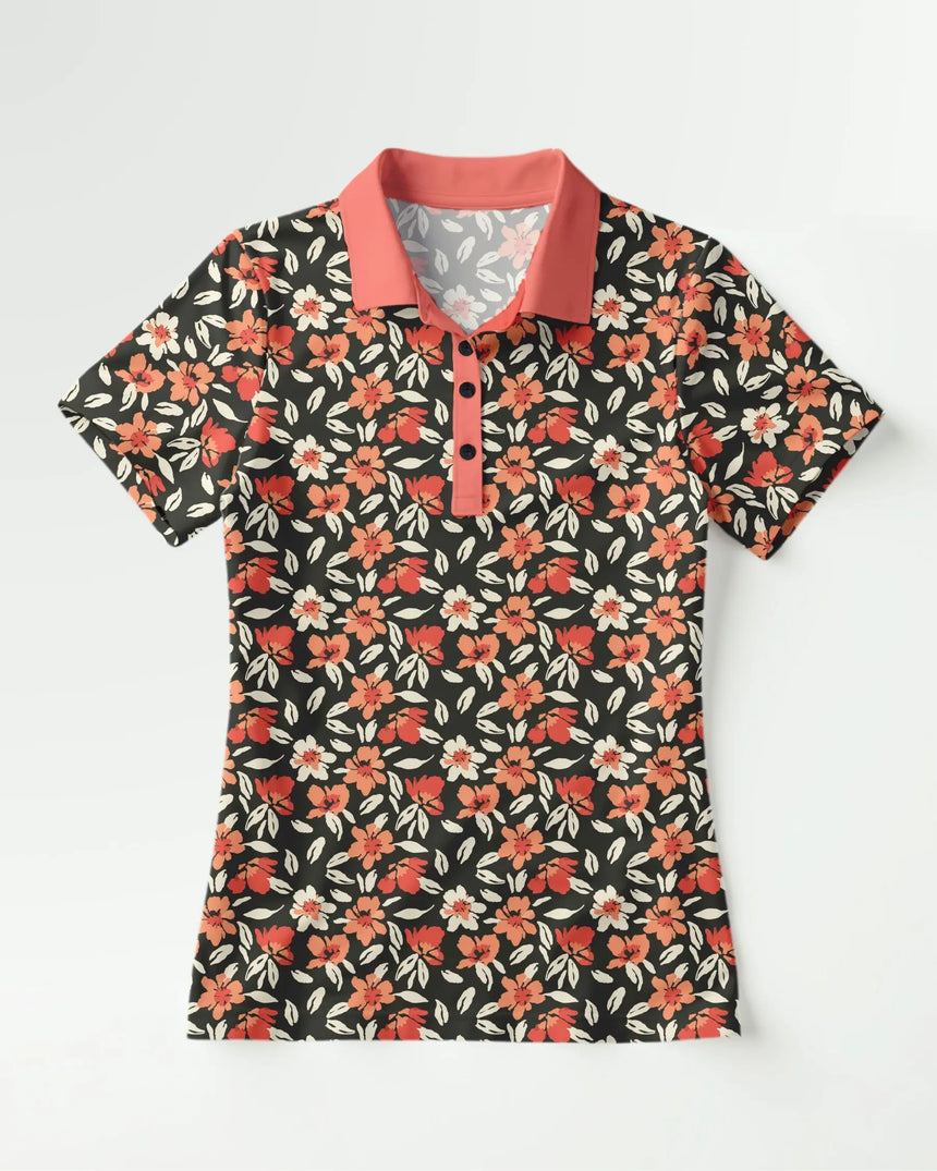 women's short sleeve golf polo in Coral Swing Floral print - front view