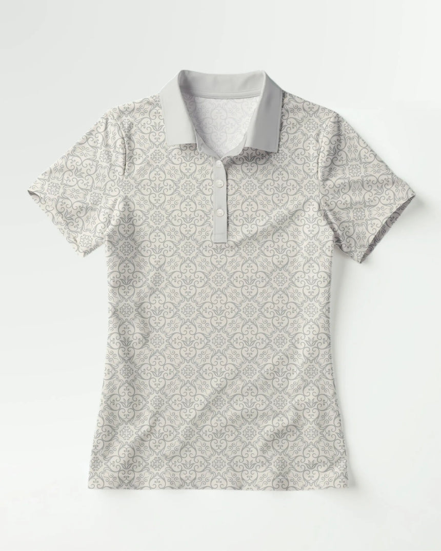 women's short sleeve golf polo in Eagle Elegance print - front view
