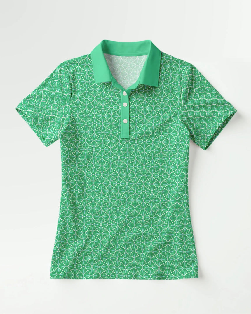 women's short sleeve golf polo in Fairway Fronds print - front view