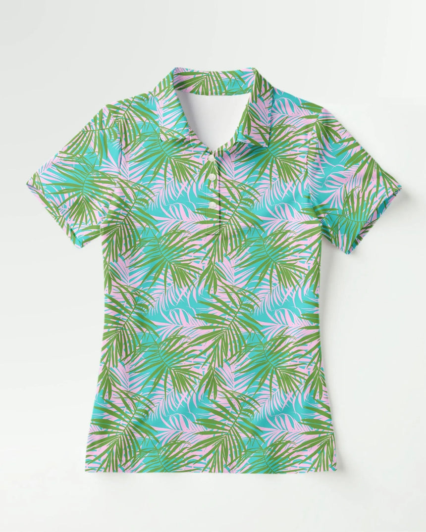women's short sleeve golf polo in Fern & Fairway print - front view