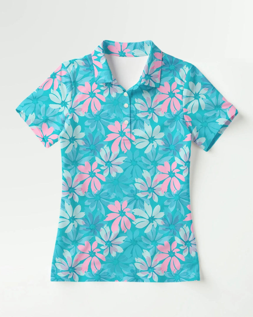 women's short sleeve golf polo in Floral Fadeaway print - front view
