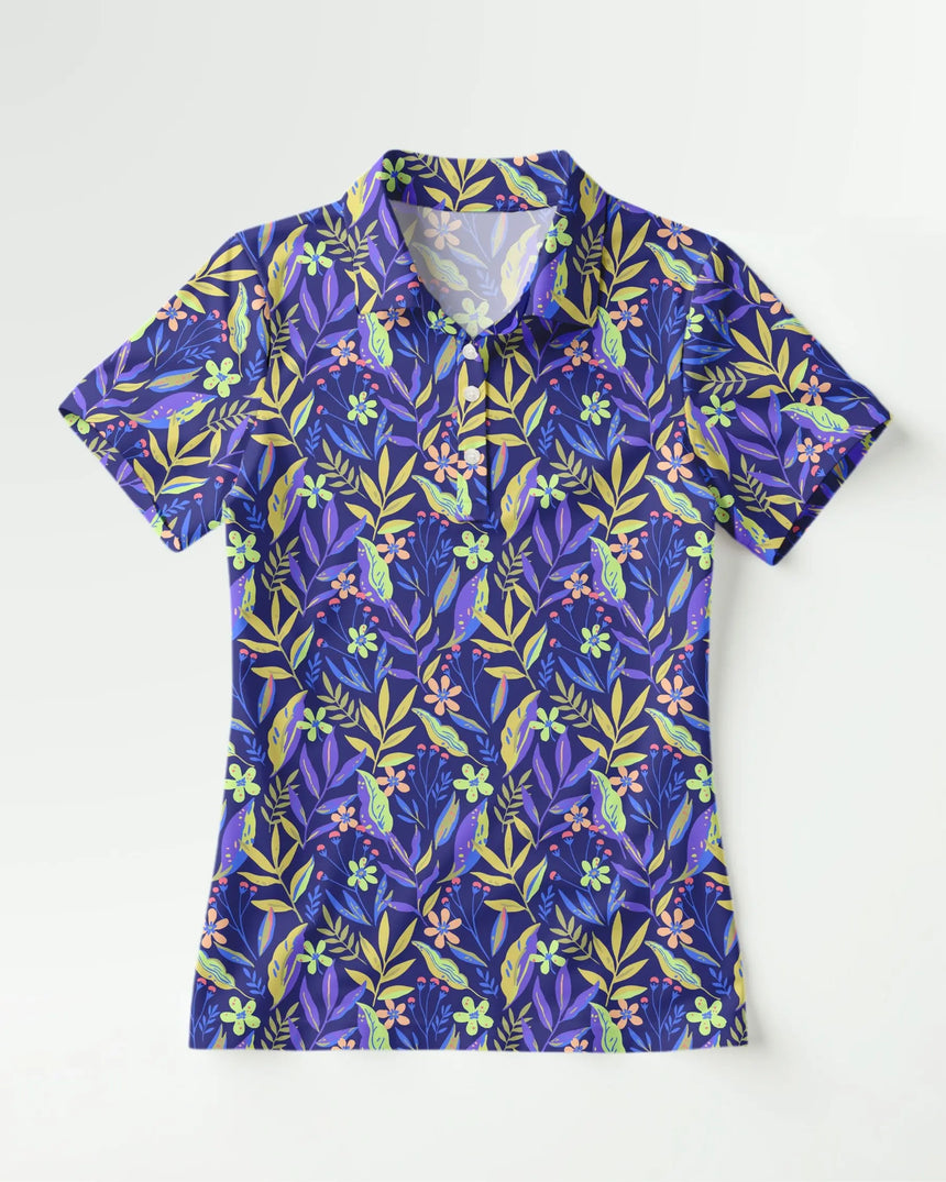 women's short sleeve golf polo in Garden on the Green print - front view