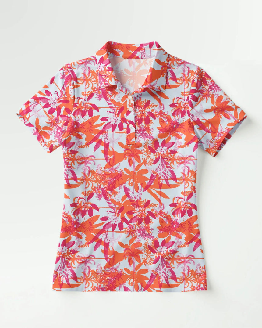 women's short sleeve golf polo in Hot Tropic print - front view