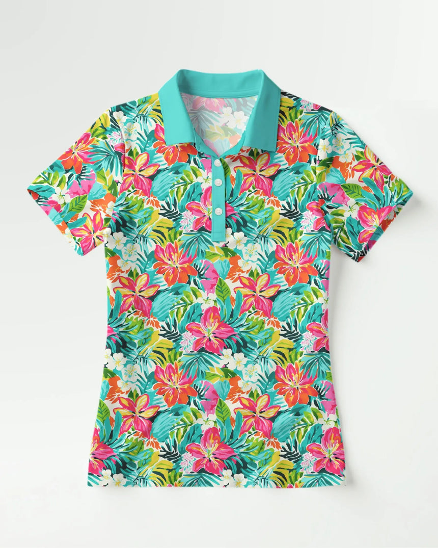 women's short sleeve golf polo in Luau Links print - front view